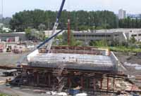 Bridge deck sections built separately in staging area